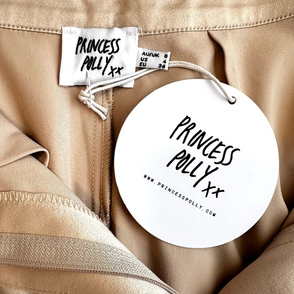 PRINCESS POLLY Amalia Wide Leg High Waisted Satin Trousers Pants in Beige Size 4 - Picture 3 of 14